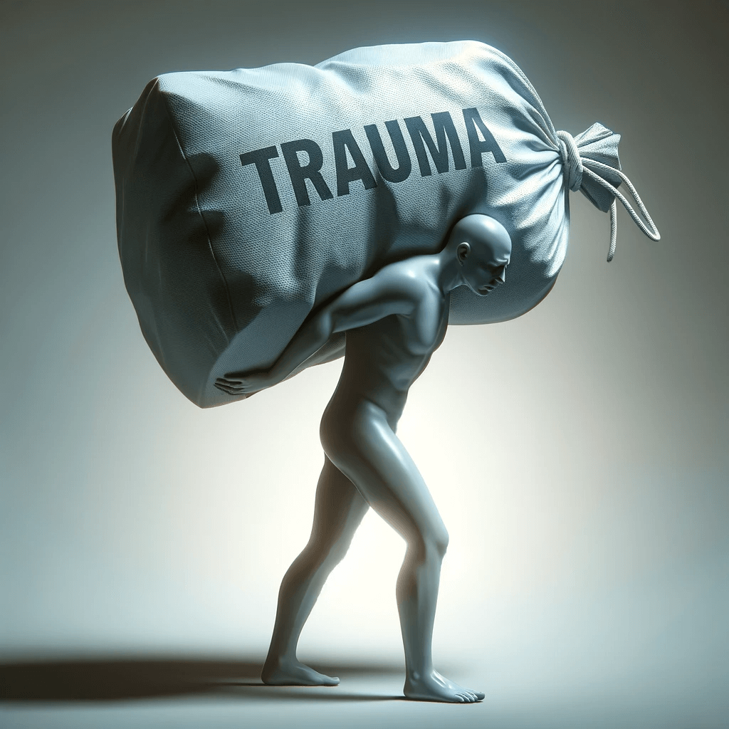 Een man die een hele grote zak draagt met het woord Trauma erop